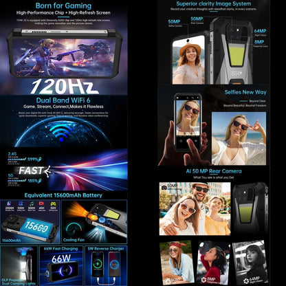 Unihertz 8849 Tank 3S features including gaming capabilities, camera quality, connectivity, battery life, and charging options on a black background.