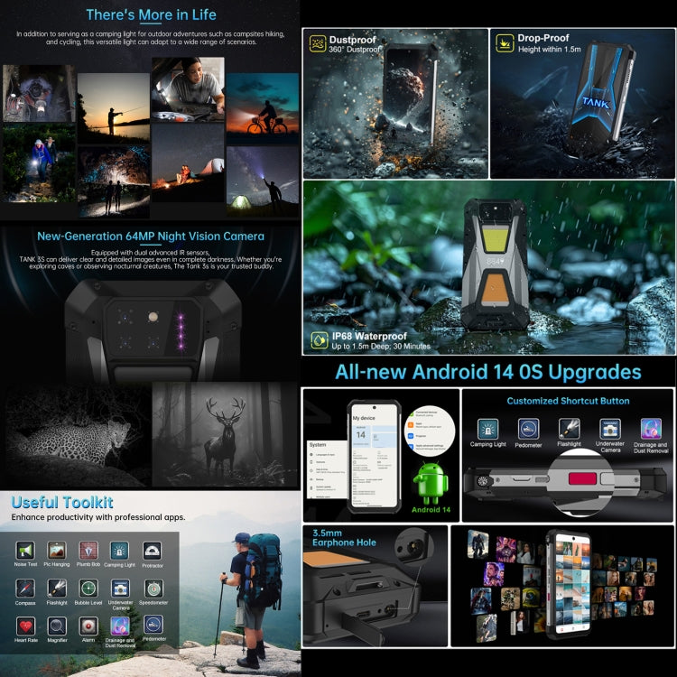 Collage of features and uses of Unihertz 8849 Tank 3S with night vision, waterproofing, and Android OS upgrades.