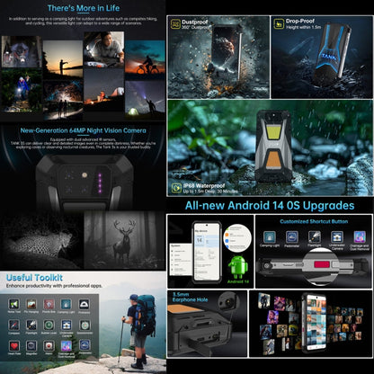 Collage of features and uses of Unihertz 8849 Tank 3S with night vision, waterproofing, and Android OS upgrades.