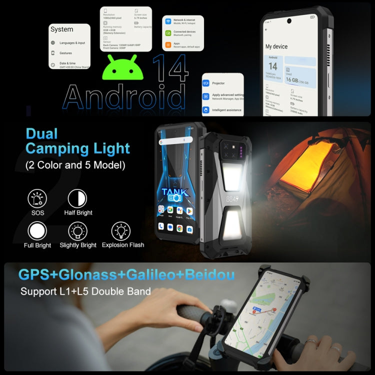 Product advertisement for a smartphone Unihertz 8849 Tank 3S with dual camping light and GPS features, displayed on a dark background.