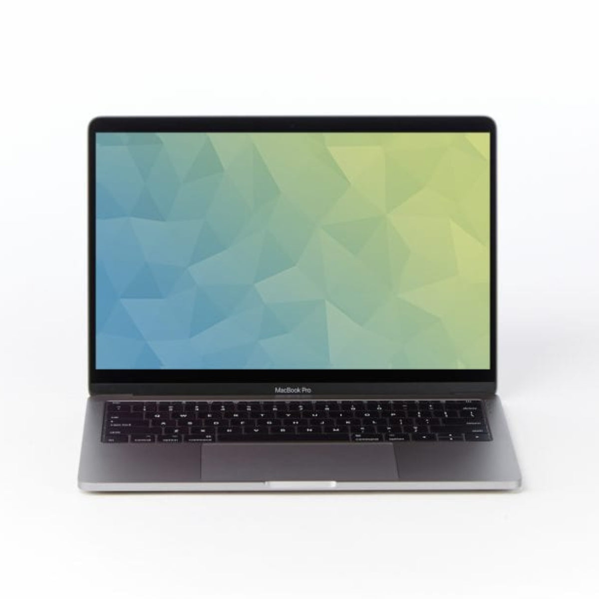 MacBook Pro 13 (2019) laptop with a geometric multicolour screen on a white background