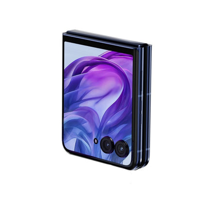 Foldable Motorola RAZR 50 Ultra with a purple and blue abstract design on the screen against a white background