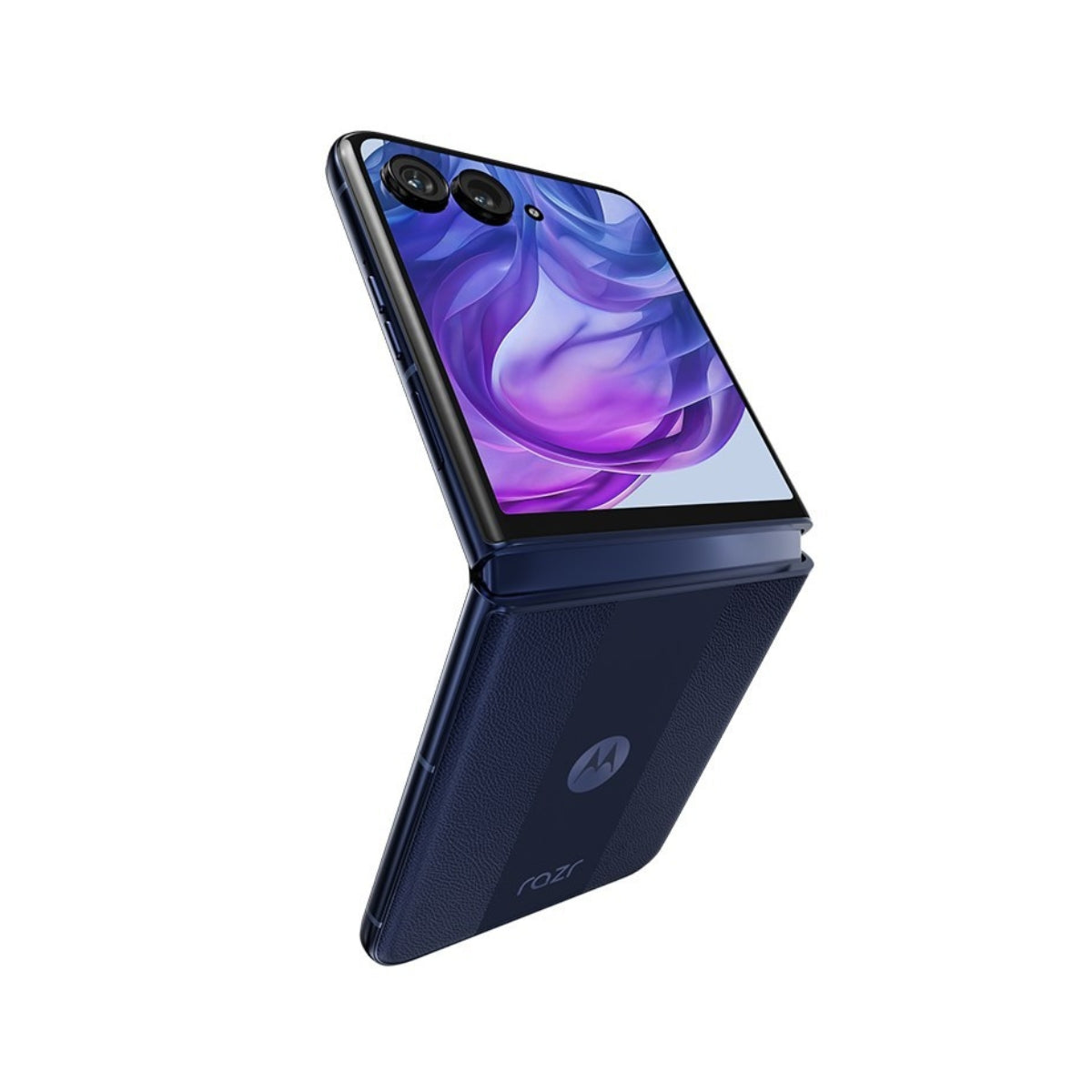 Foldable Motorola RAZR 50 Ultra with a blue and purple design on a white background