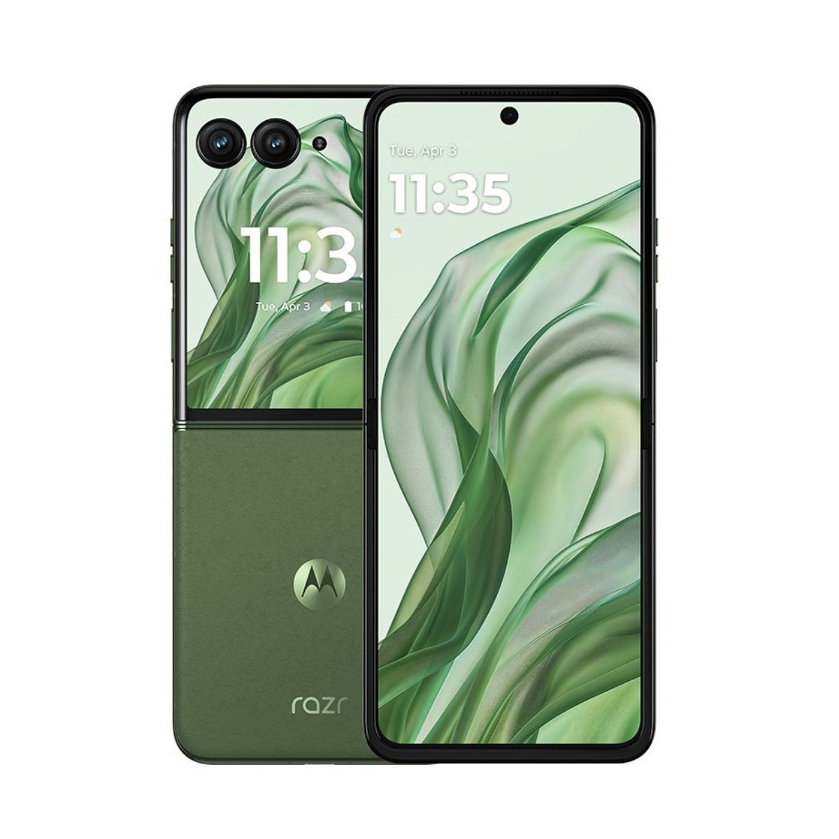 Motorola RAZR 50 Ultra phone with green marble design on a white background