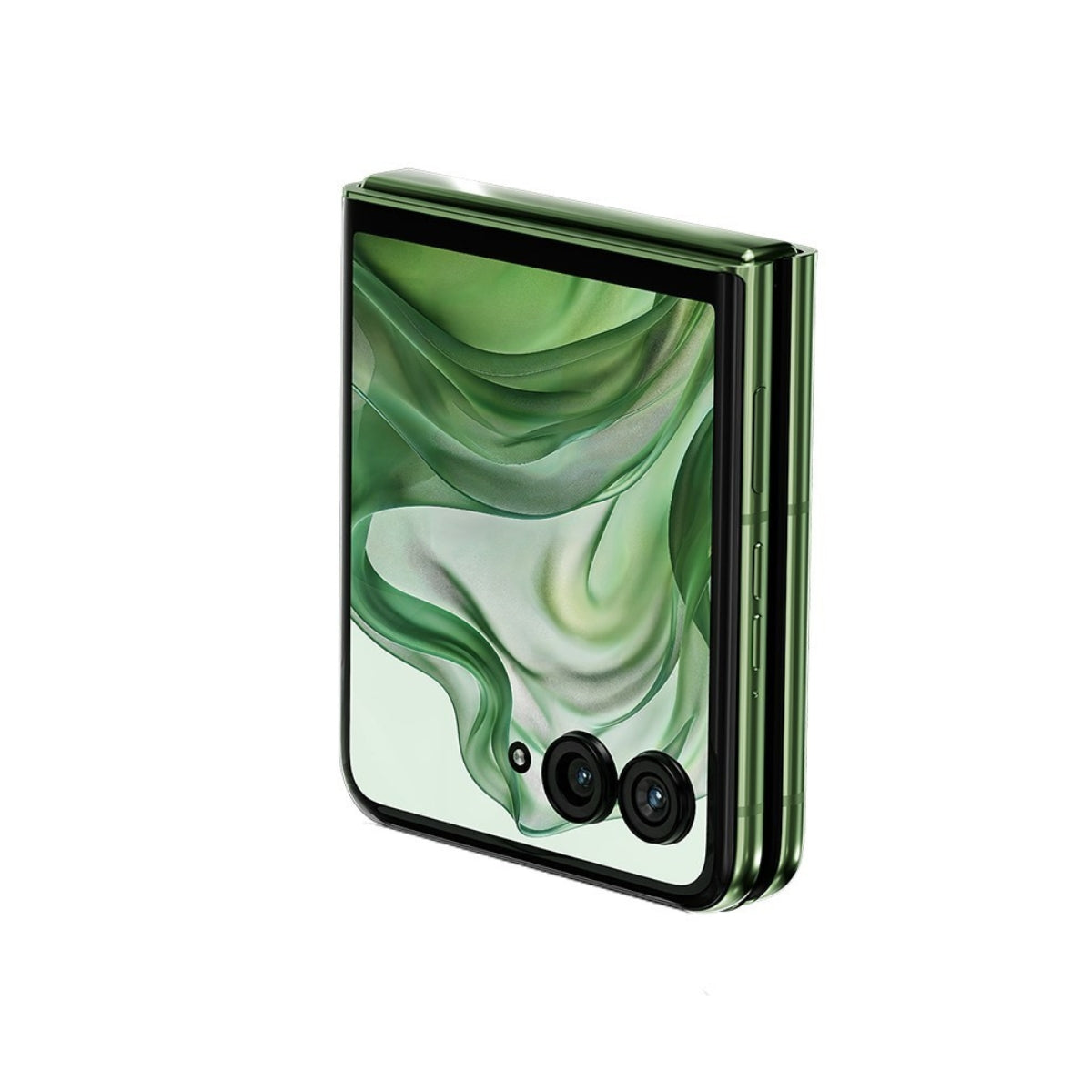 Foldable Motorola RAZR 50 Ultra with green and white abstract design on a white background