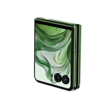 Foldable Motorola RAZR 50 Ultra with green and white abstract design on a white background