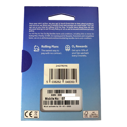 O2 Pay As You Go Sim Card - £10