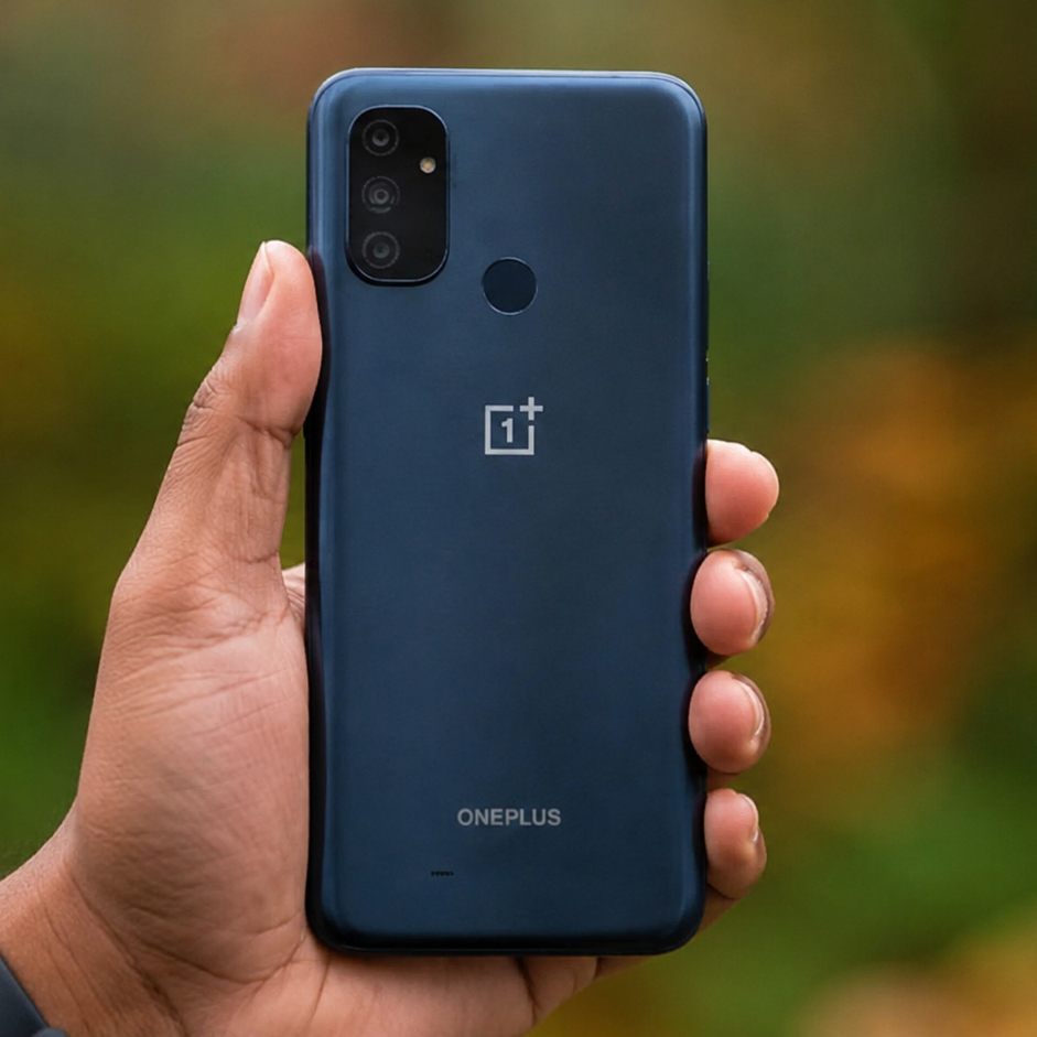 OnePlus smartphone held in a hand with a blurred natural background