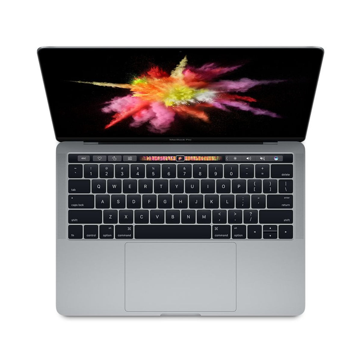 Open MacBook Pro 13 2017 laptop with colourful display on a white background