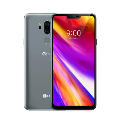 LG G7 ThinQ grey smartphone showing front and back on a white background
