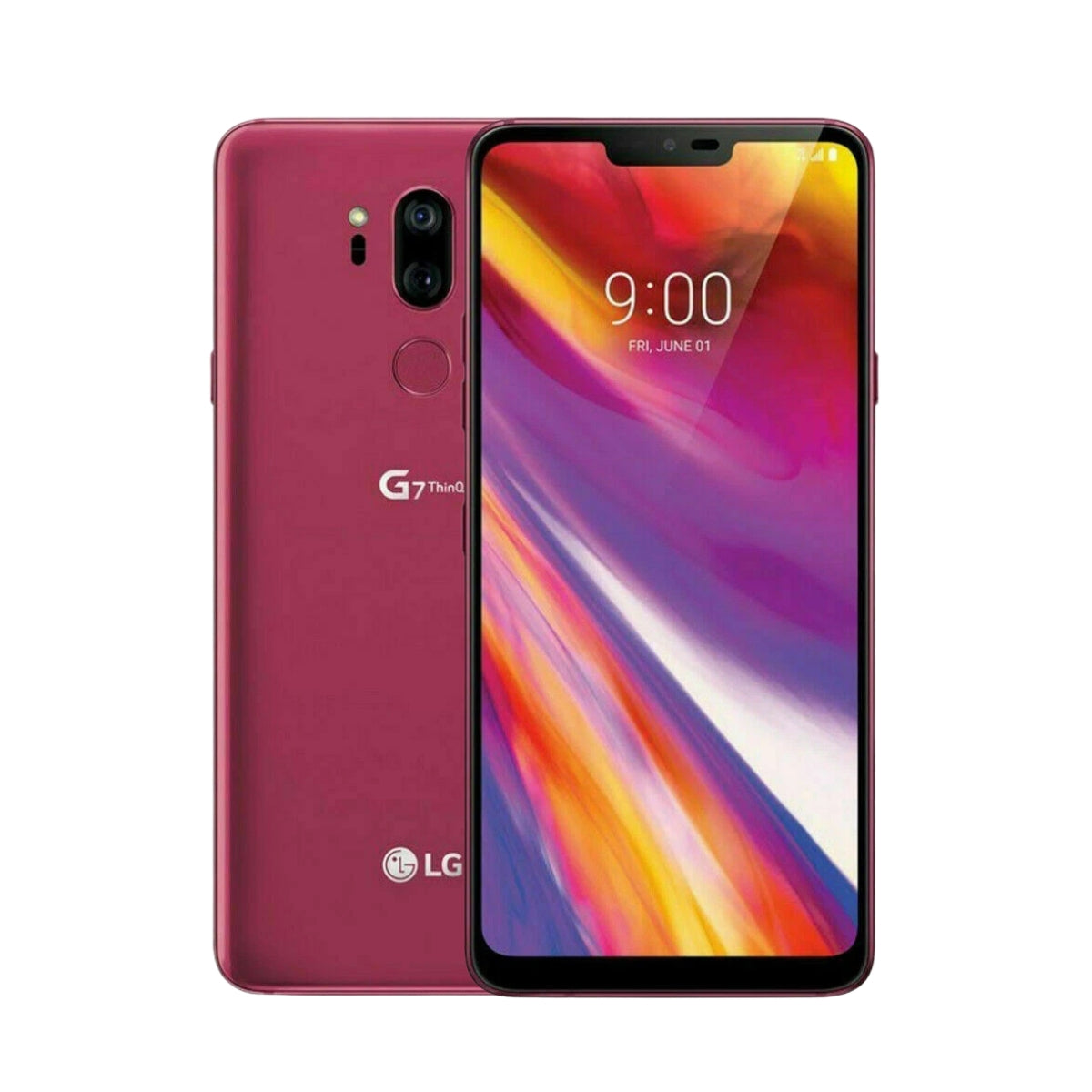 Red LG G7 ThinQ smartphone showing front and back on a white background