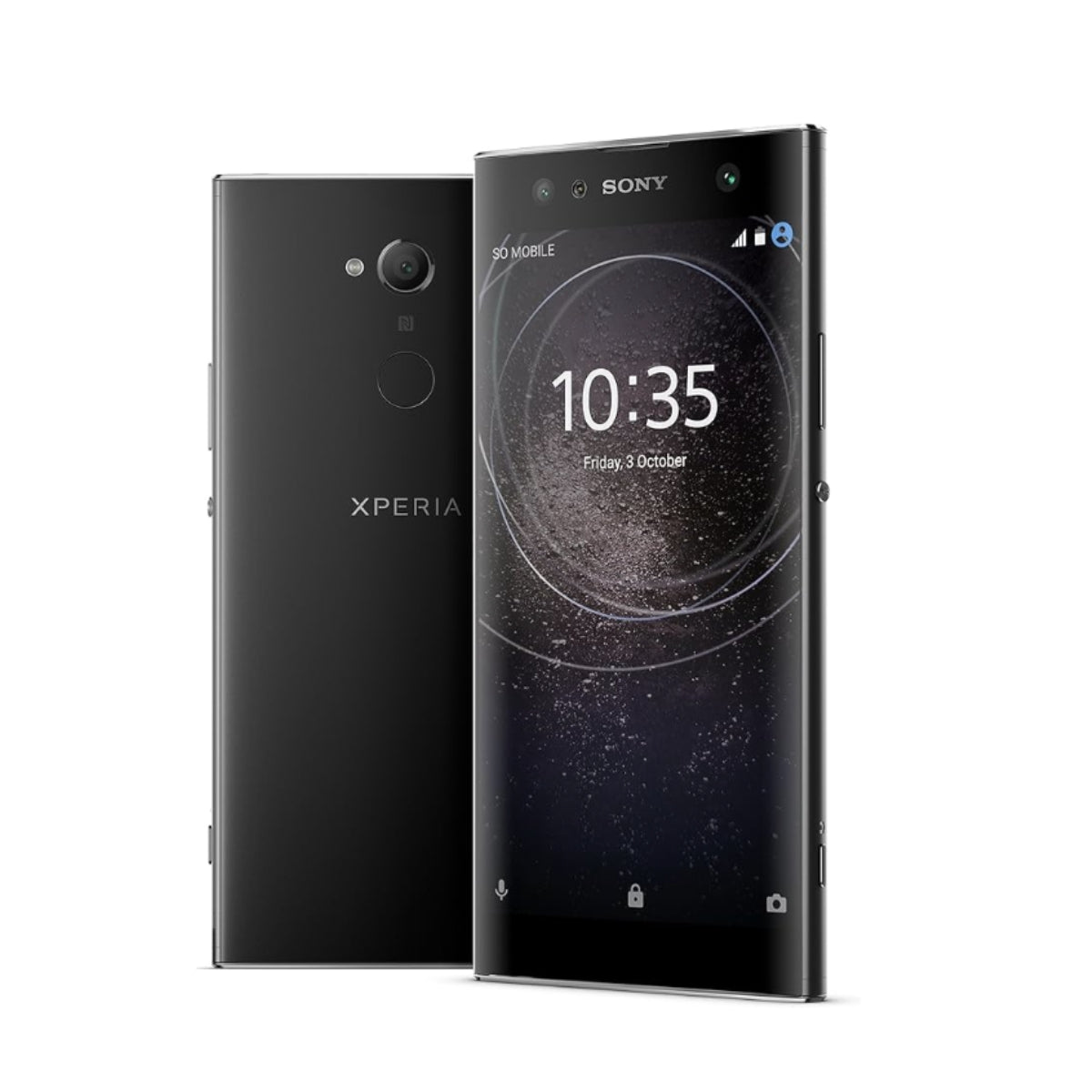 Sony Xperia XA2 smartphone shown from the front and back in a dark metallic finish, displayed on a clean white background.