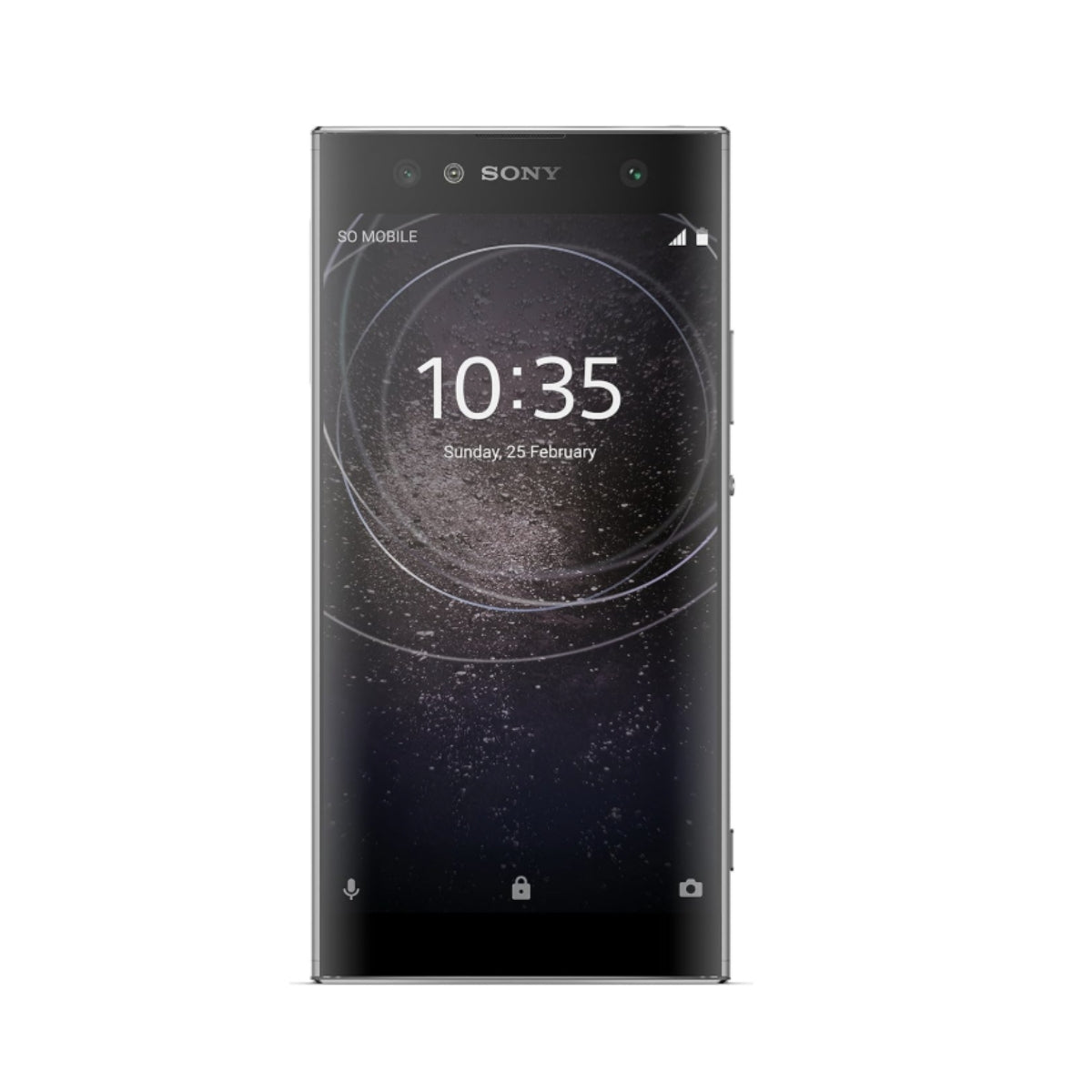 Sony Xperia XA2 smartphone shown from the front on a plain white background, with the screen on and displaying the lock screen.
