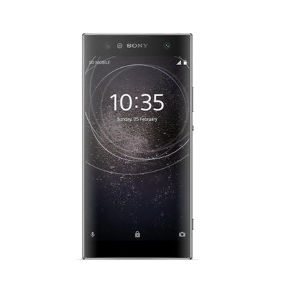Sony Xperia XA2 smartphone shown from the front on a plain white background, with the screen on and displaying the lock screen.