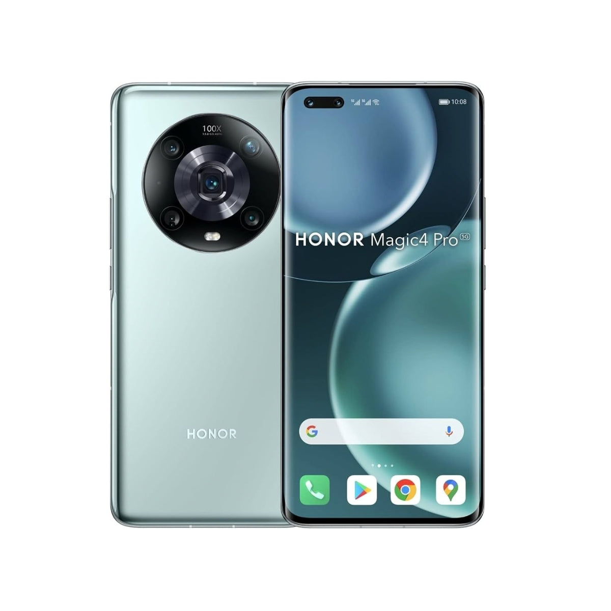 Honor Magic Pro smartphone shown from the back and front on a plain white background. The phone has a pale mint green back panel with a large circular camera module and the HONOR logo near the bottom.