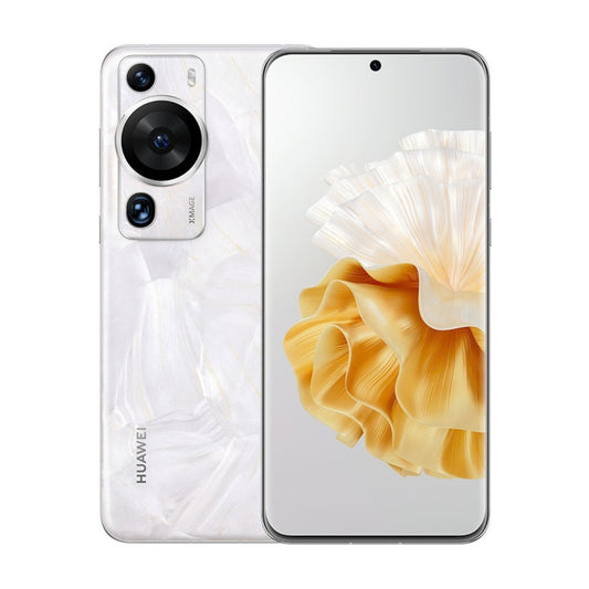 A Huawei smartphone shown from the back and front on a clean white background. The back features a white and light gray marbled pattern with a large multi-camera system on the upper left, and the HUAWEI logo near the bottom.