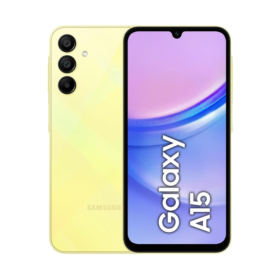 Samsung Galaxy A15 smartphone showing front and back on a white background