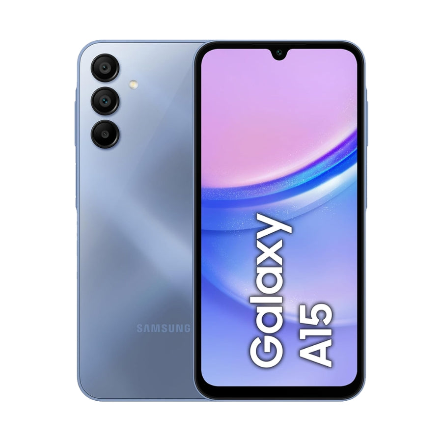 Samsung Galaxy A15 smartphone showing front and back on a white background