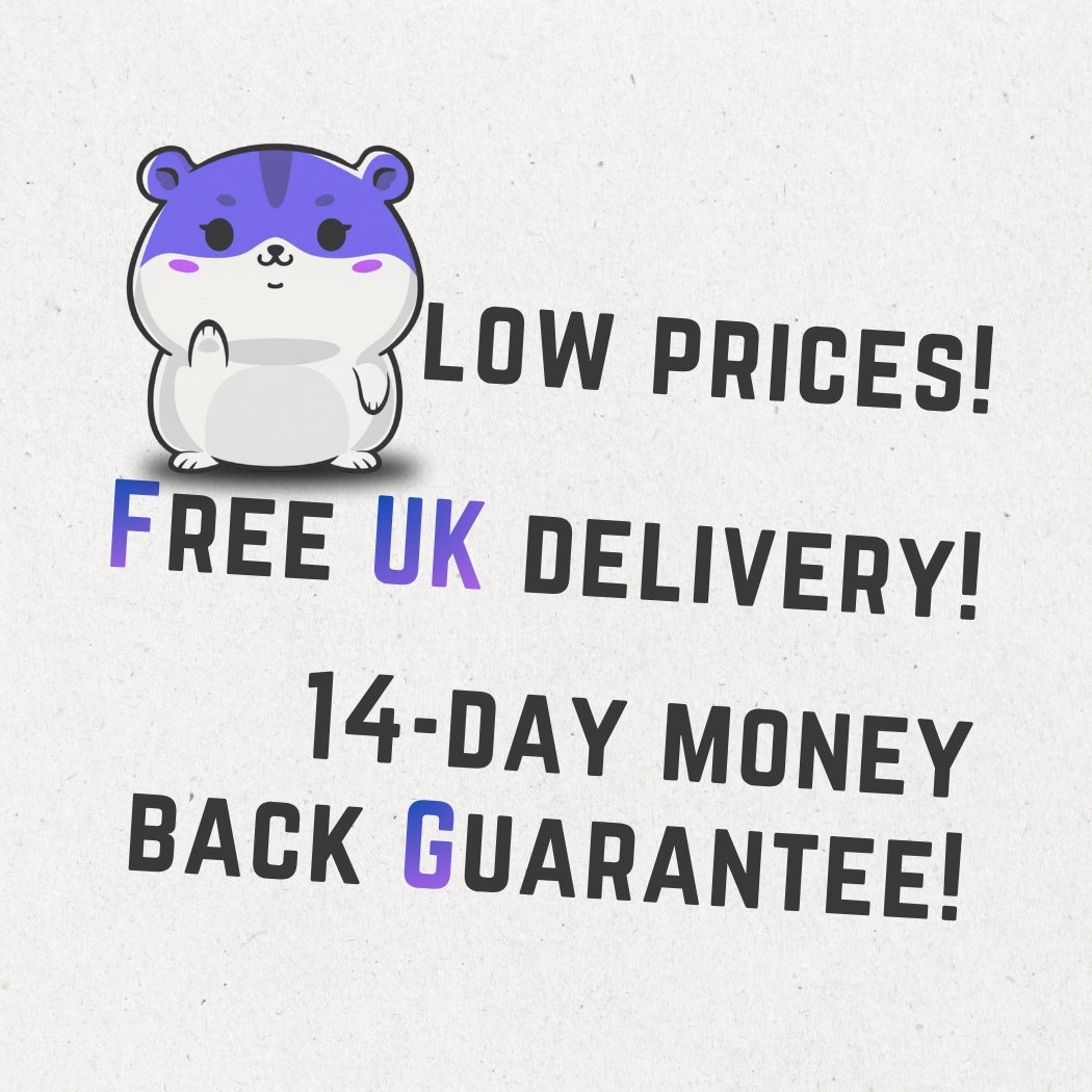 Cartoon hamster character with promotional text on a light gray background low prices, Free UK delivery, 14-day money back Guarantee