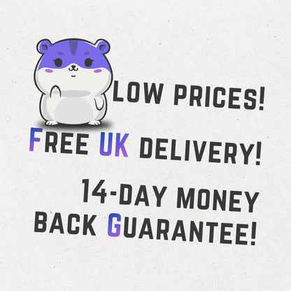 Cartoon hamster character with promotional text on a light gray background low prices, Free UK delivery, 14-day money back Guarantee