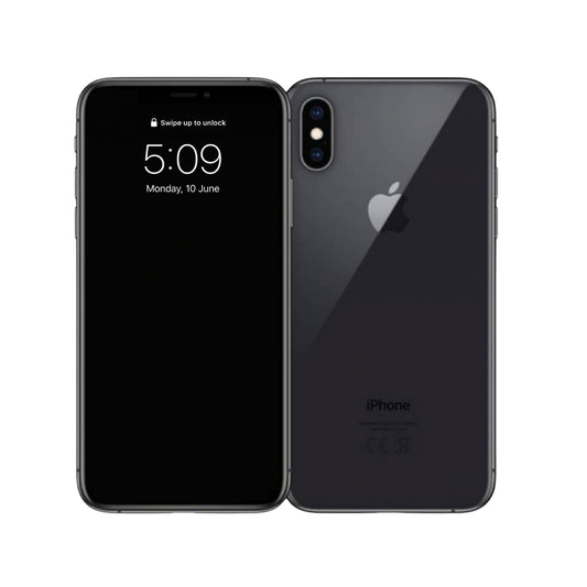 Black smartphone showing front and back on a white background