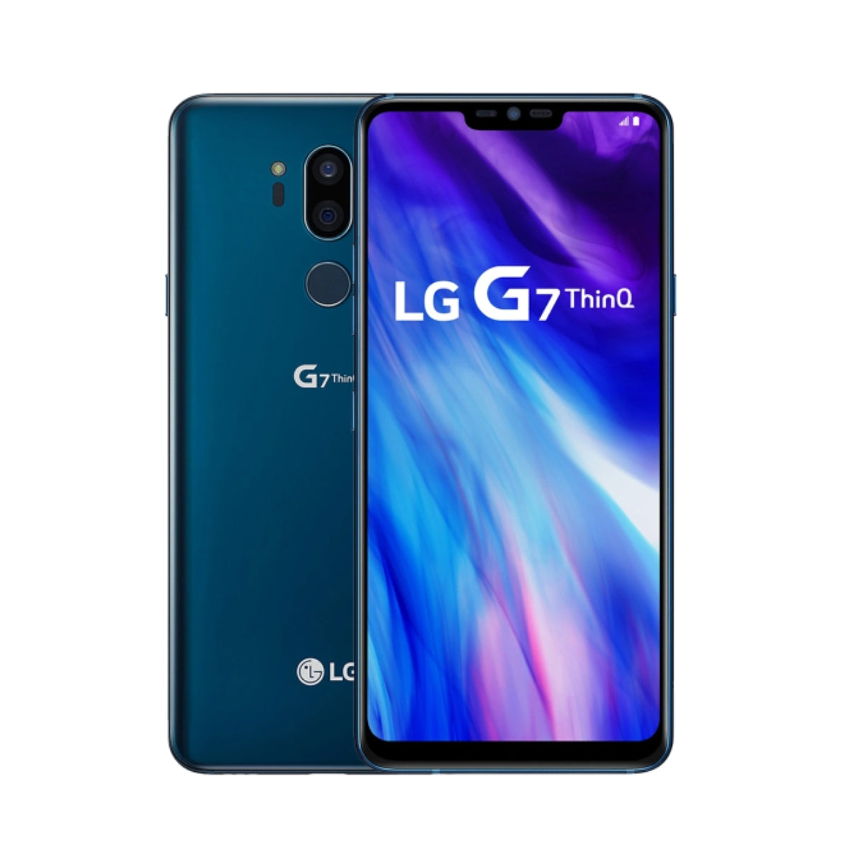 LG G7 ThinQ blue smartphone showing front and back on a white background