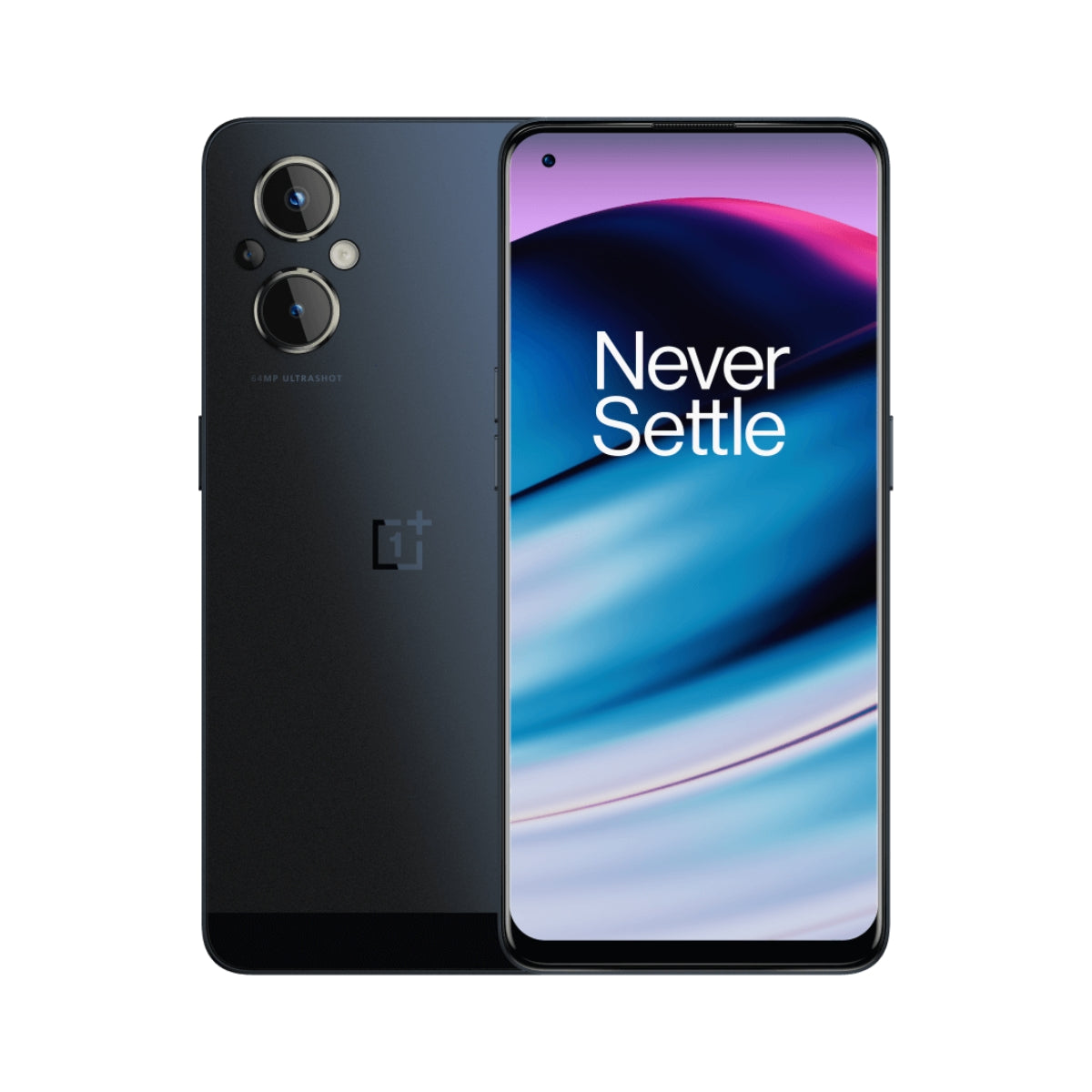 Black smoke OnePlus Nord N20 5G smartphone showing back and front views on a white background