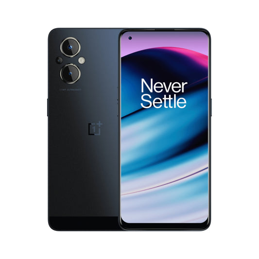 Black smoke OnePlus Nord N20 5G smartphone showing back and front views on a white background