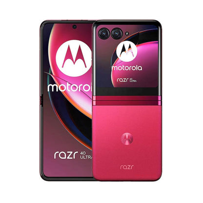 Motorola Razr 40 Ultra red phone showing front and back on a white background