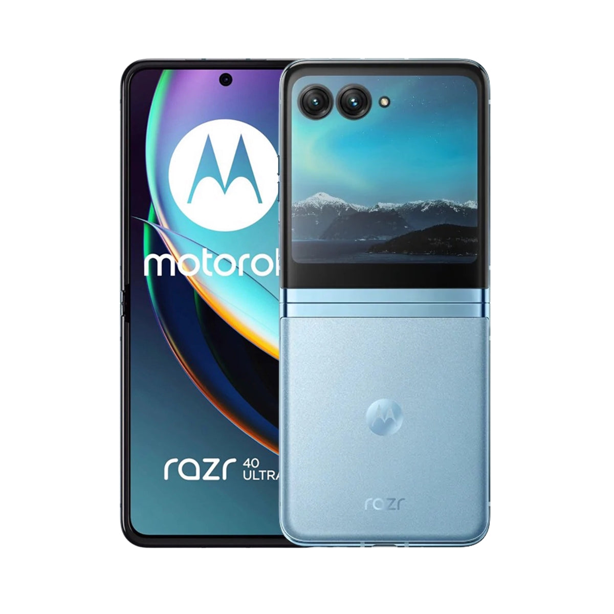 Motorola Razr 40 Ultra blue smartphone showing front and back on a white background