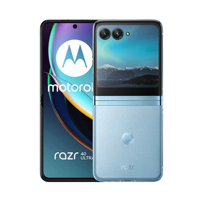 Motorola Razr 40 Ultra blue smartphone showing front and back on a white background