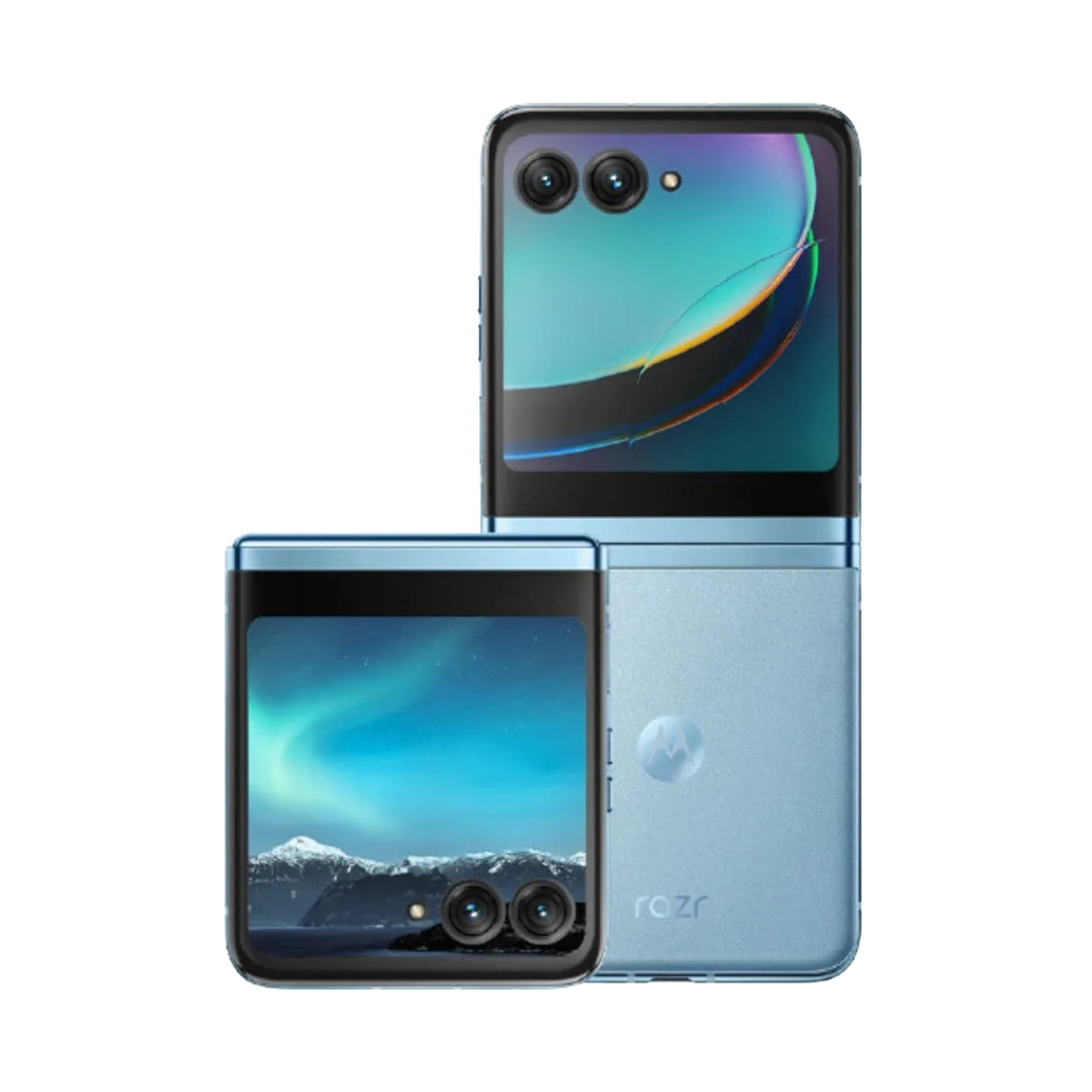 Foldable Motorola RAZR 40 Ultra smartphone showing front and back on a white background