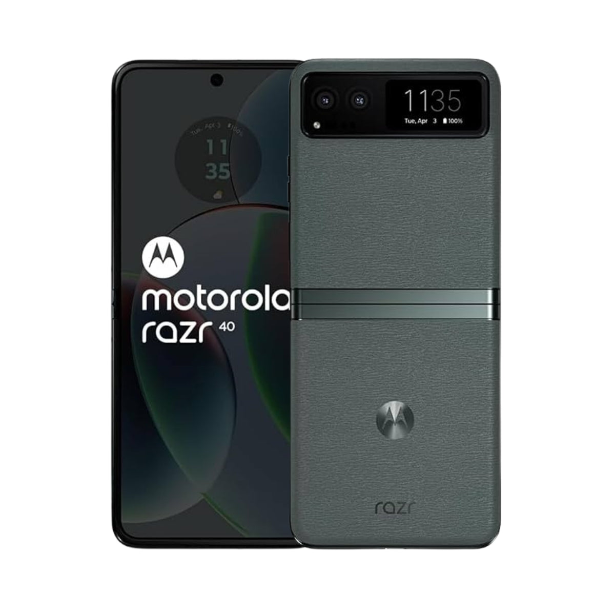 Motorola Razr 40 phone showing front and back on a white background