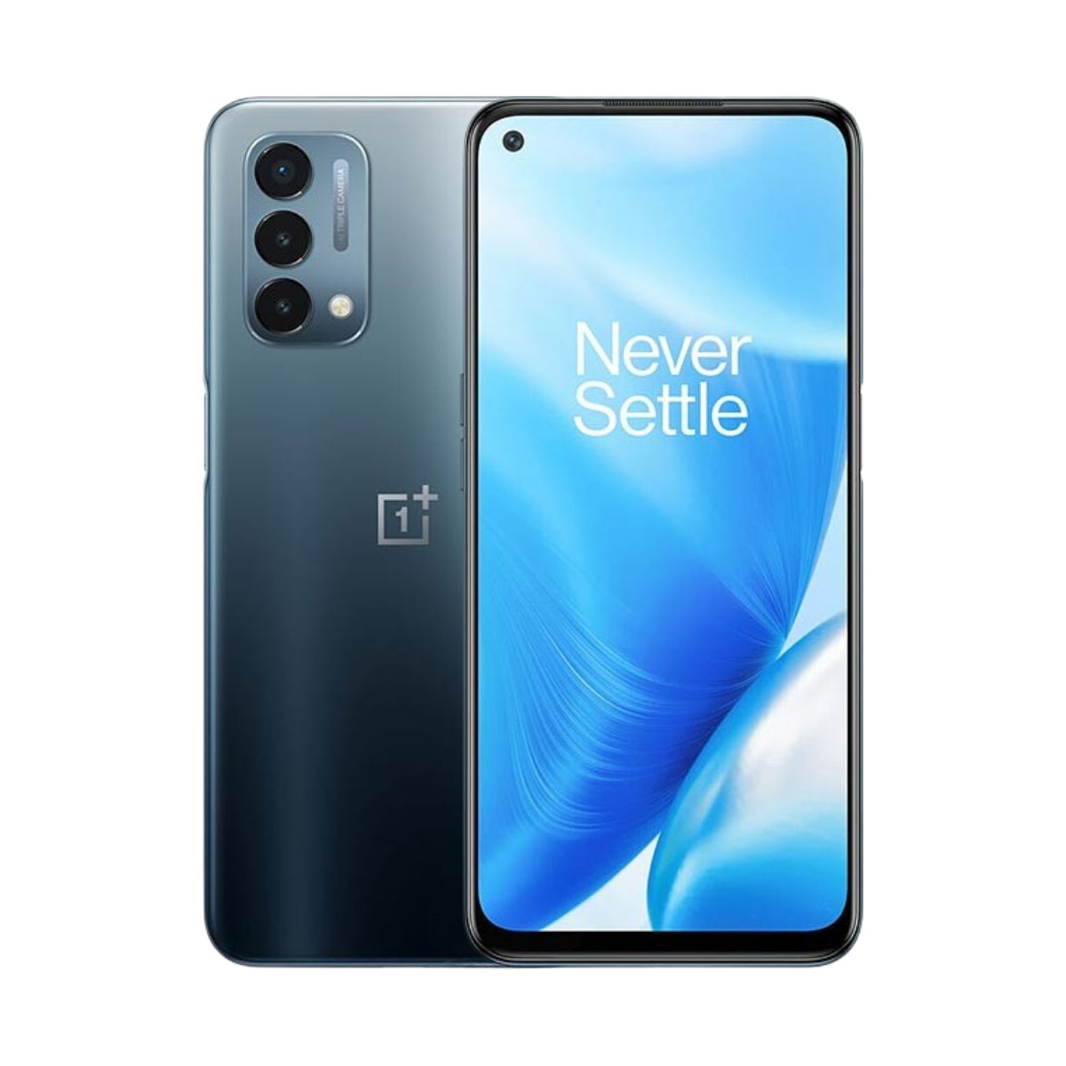 OnePlus smartphone showing back and front views with 'Never Settle' slogan.