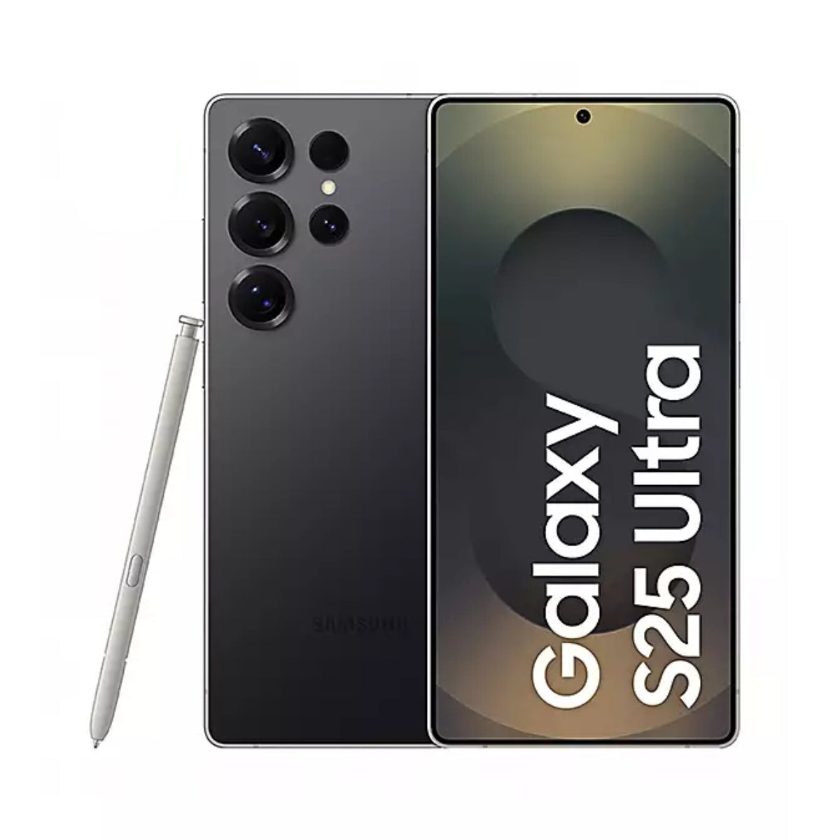 Samsung Galaxy S25 Ultra smartphone shown from the back and front, with a white stylus beside it on a light gray background. The phone back is dark gray/black, and the front display shows the text 'Galaxy S25 Ultra'.
