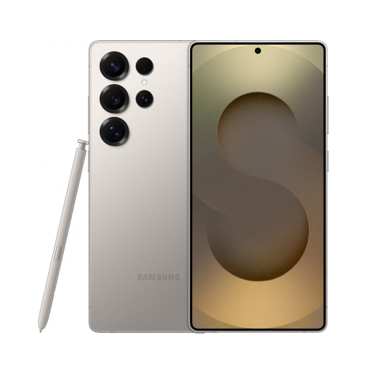 Samsung Galaxy S25 Ultra smartphone shown from the back and front, in a light silver-gray finish, with a matching stylus pen beside it on a plain white background.