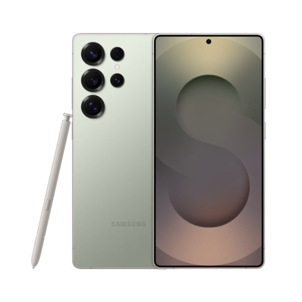 Samsung Galaxy S25 Ultra smartphone shown from the back and front, in a pale sage green color, with a matching S-Pen stylus on a plain white background.