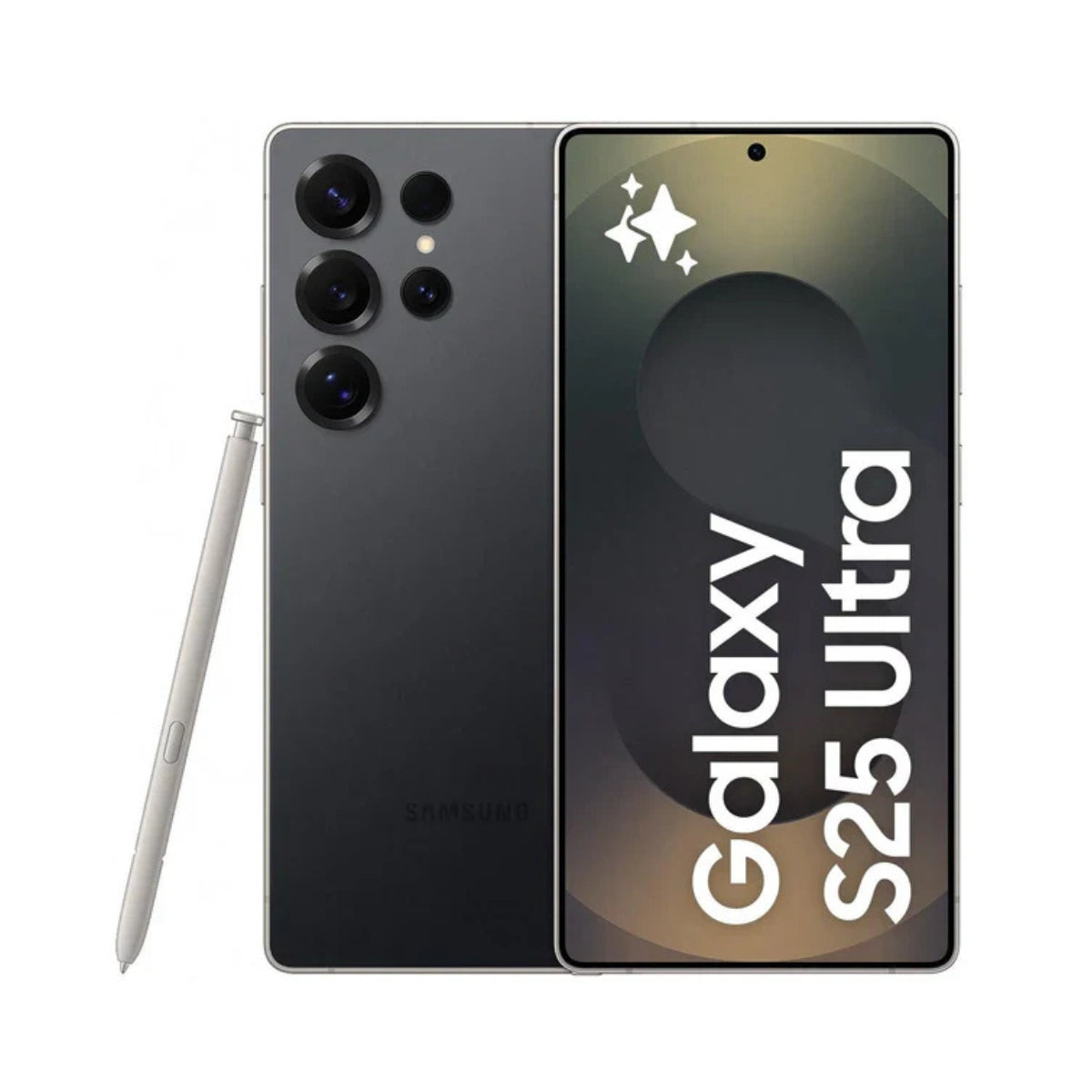 Titanium Black Samsung Galaxy S25 Ultra smartphone shown from the back and front, with a white stylus pen beside it on a clean white background.