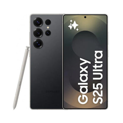 Titanium Black Samsung Galaxy S25 Ultra smartphone shown from the back and front, with a white stylus pen beside it on a clean white background.