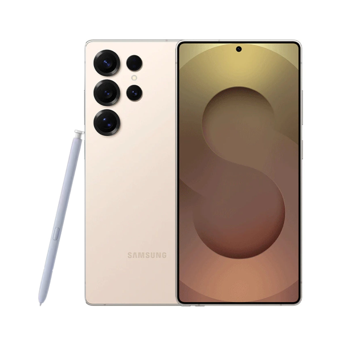 Samsung Galaxy S25 Ultra smartphone shown from the back and front, in a light warm beige/rose-gold finish, with a matching stylus pen on a plain white background.