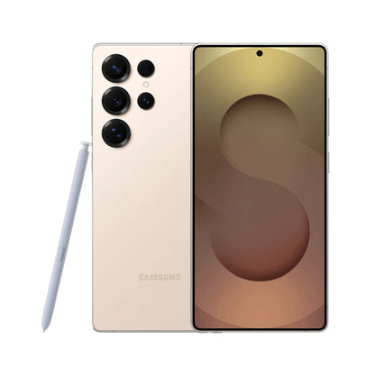 Samsung Galaxy S25 Ultra smartphone shown from the back and front, in a light warm beige/rose-gold finish, with a matching stylus pen on a plain white background.