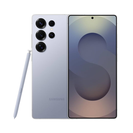 Titanium Blue Samsung Galaxy S25 Ultra smartphone shown from the back and front, with a matching stylus on a clean white background.