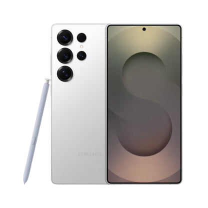 A Samsung Galaxy S25 Ultra smartphone shown from the back and front, alongside a matching stylus, on a clean white background.