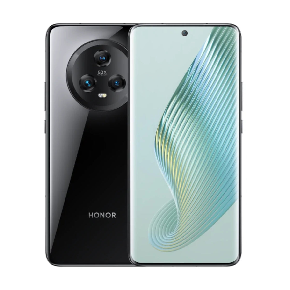 A black Honor Magic 5 smartphone shown from the back and front on a plain white background. The back is glossy black with a large circular triple-camera cutout and the Honor logo near the bottom.