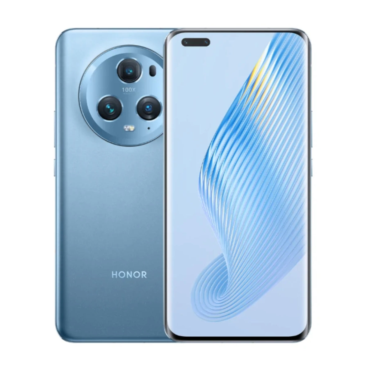 A blue Honor Magic 5 smartphone shown from the back and front on a clean white background. The back features a large circular triple-camera module and the Honor logo near the bottom.