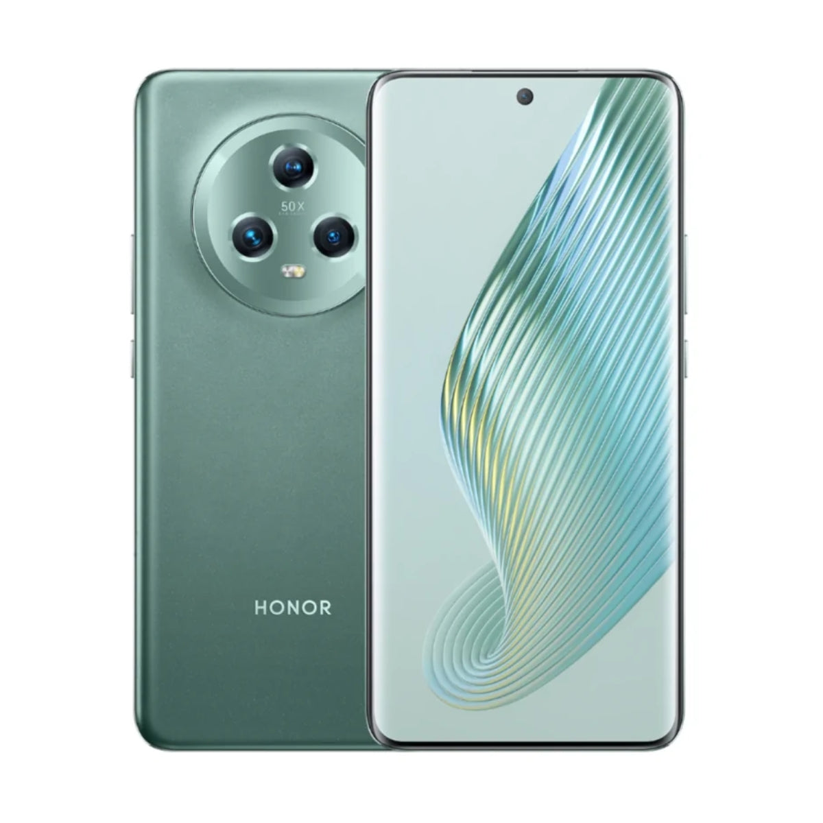 A green Honor Magic 5 smartphone shown from both the back and front. The back features a large circular triple-camera module and the Honor logo near the bottom.