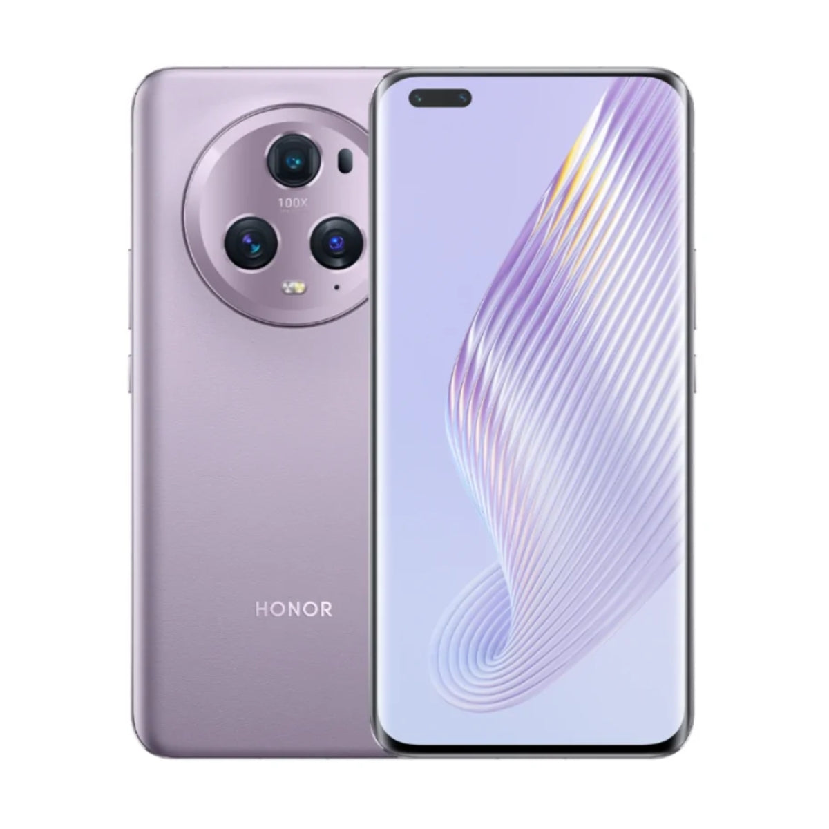A purple Honor Magic 5  smartphone shown from both the back and front. The back features a large circular triple-camera module and the Honor logo near the bottom.