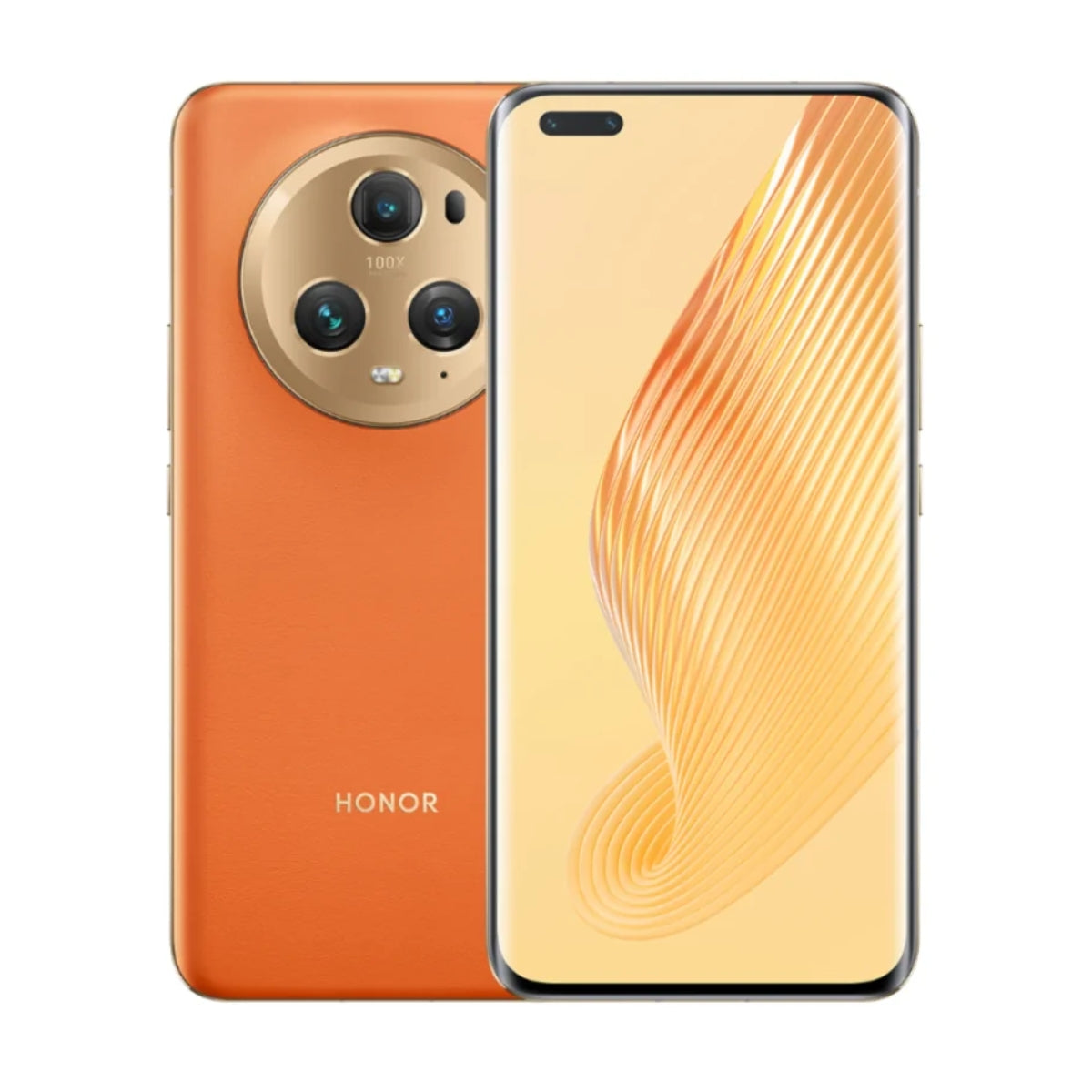 An orange Honor Magic 5 smartphone shown from the back and front on a clean white background. The back features a large circular triple-camera module and the Honor logo near the bottom.