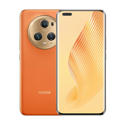 An orange Honor Magic 5 smartphone shown from the back and front on a clean white background. The back features a large circular triple-camera module and the Honor logo near the bottom.