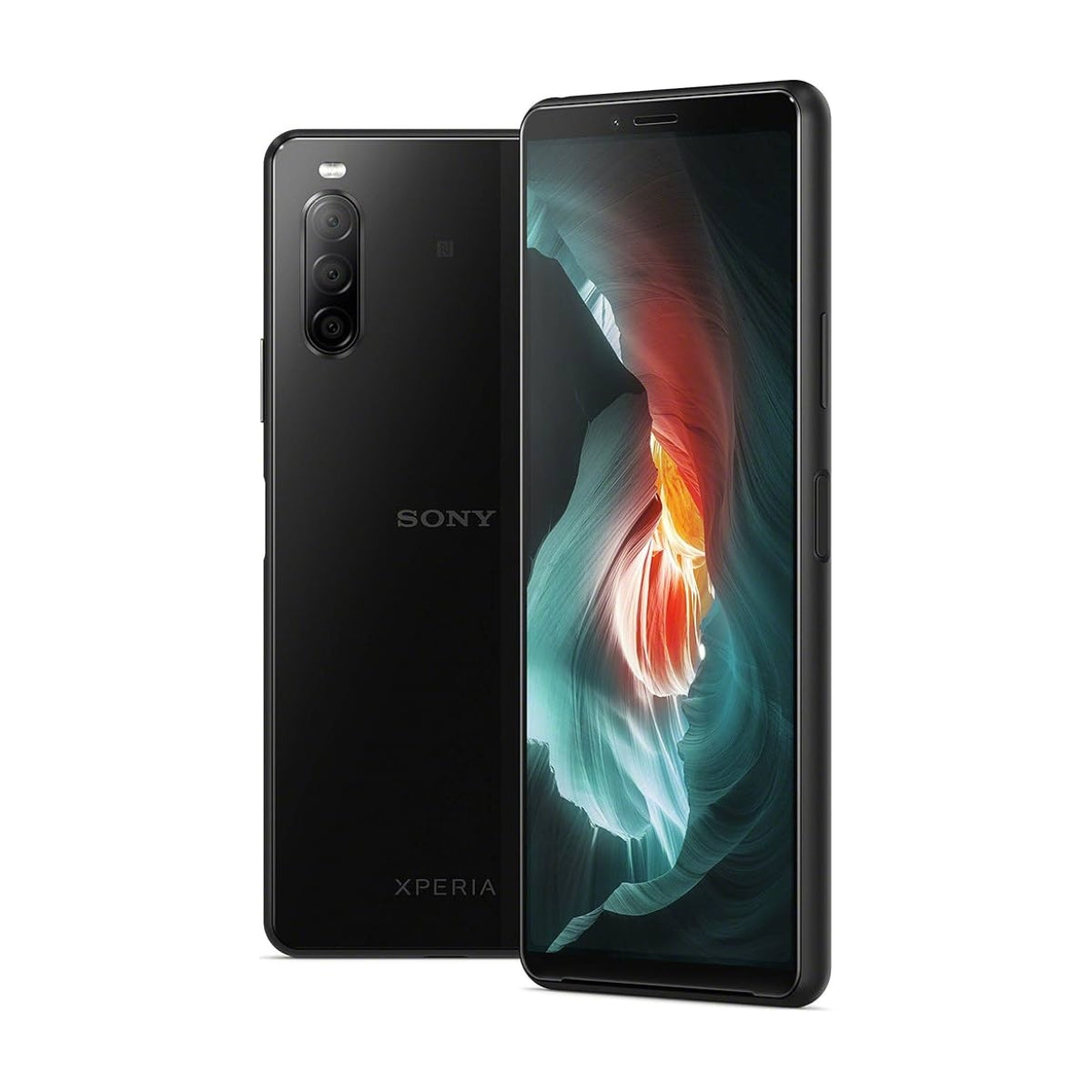 Sony Xperia 10 II smartphone shown from the front and back in a glossy black finish, with the front screen on and displaying a colorful abstract wallpaper, on a plain white background.